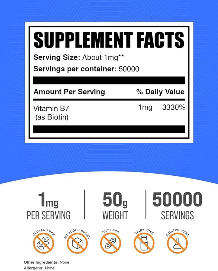 BulkSupplements.com Pure Biotin Powder - as Vitamin B7, Biotin Vitamins for Hair, Skin and Nails - Gluten Free, 1mg per Serving, 50g (1.8 oz) (Pack of 1)