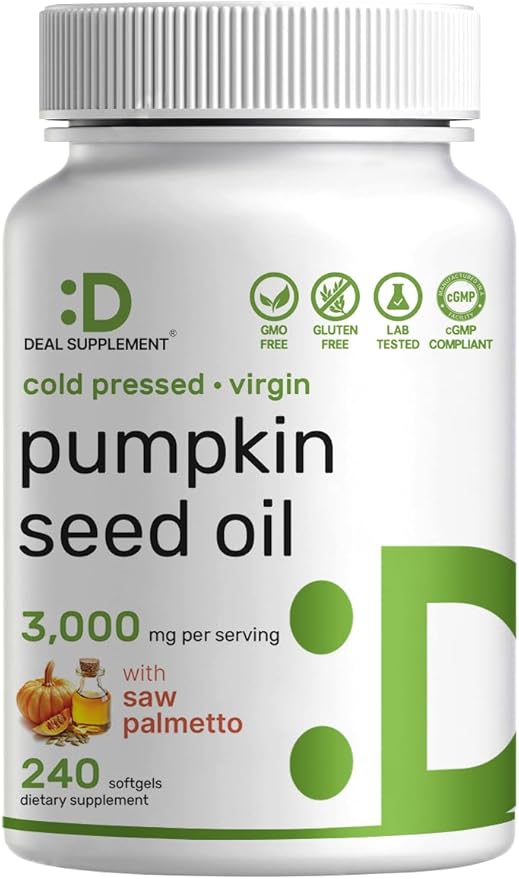 Pumpkin Seed Oil 3,000mg with Saw Palmetto, 240 Softgels – Cold Pressed Extract with Virgin Oil – Supports Prostate Health & Normal Urinary Frequency – DHT Blocker for Hair Growth – Non-GMO
