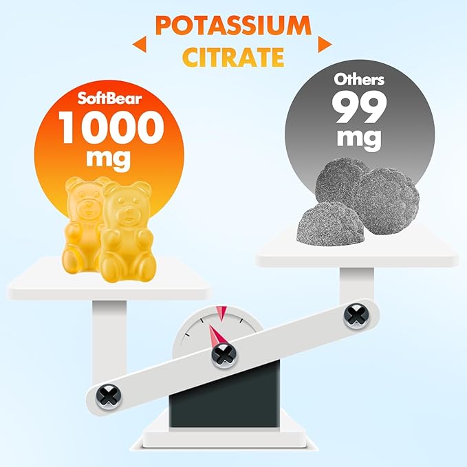 softbear Potassium Citrate 1000mg, Sugar Free Potassium Gummies for Adults Support Leg Cramps & Muscle Health High Potency Potassium Supplement Gummies Orange Flavor 60 Count