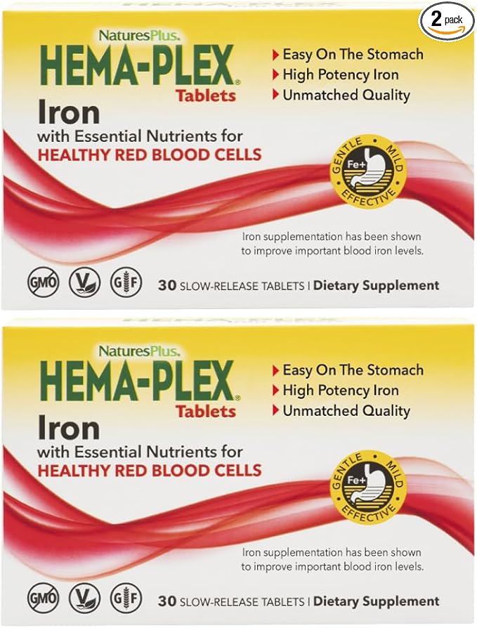 NaturesPlus Hema-Plex Iron - 30 Slow-Release Tablets, Pack of 2 - Total Blood Health - 85 mg Chelated Iron - with Vitamin C & Bioflavonoids - Non GMO, Vegetarian & Gluten Free - 60 Total Servings