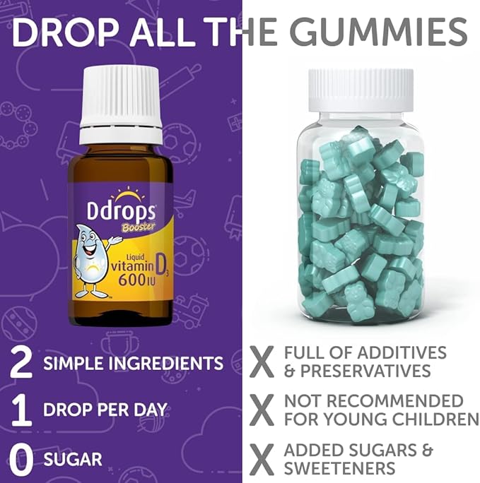 Ddrops Kids Booster 600IU 100 Drops - Daily Liquid Vitamin D for Kids. Support Strong Bones & Immune System in Children. No Preservatives, No Sugar, Non-GMO, Allergy-Friendly (Pack of 2)
