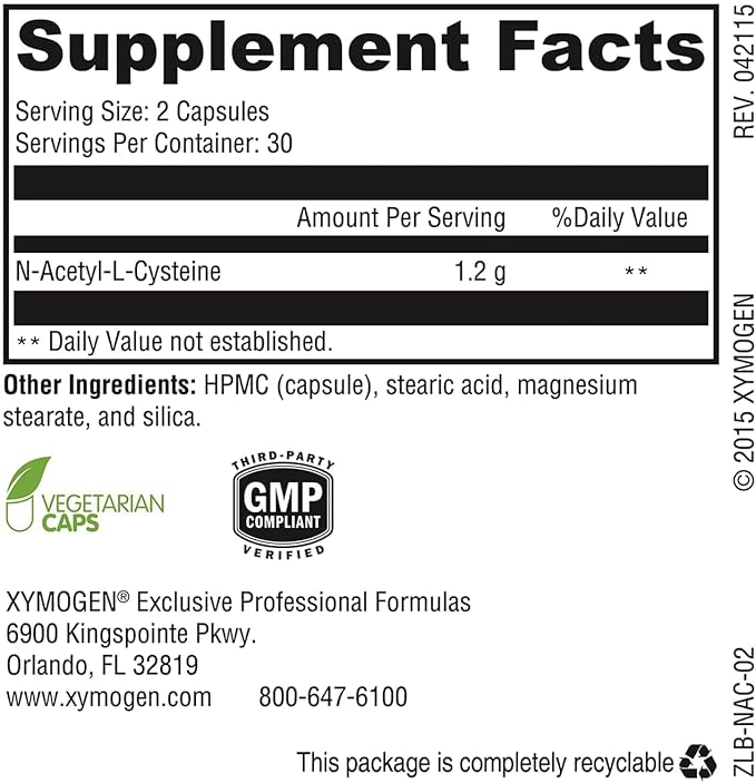XYMOGEN NAC - 1200 mg per Serving - N-Acetyl-Cysteine Antioxidant Amino Acid - Supports Antioxidant Activity - Vegetarian, Non-GMO & Gluten Free - 60 Capsules