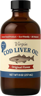 Virgin Cod Liver Oil - 8 Fl oz Natural, Sustainably sourced, Wild Caught & Fresh Tasting. High in Vitamin D, Omega 3 DHA/EPA (Lemon and Peppermint Flavored)