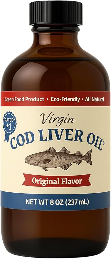 Virgin Cod Liver Oil - 8 Fl oz Natural, Sustainably sourced, Wild Caught & Fresh Tasting. High in Vitamin D, Omega 3 DHA/EPA (Lemon and Peppermint Flavored)