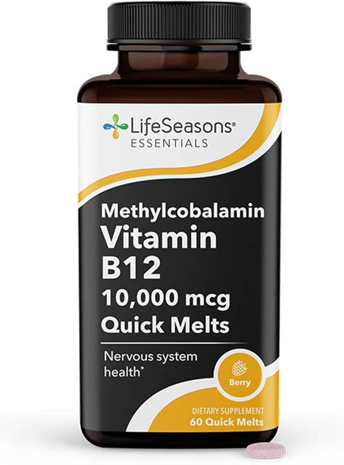 LifeSeasons Essentials Vitamin B12 10,000 mcg Quick Melts – Methylcobalamin B12 for Energy Production & Nervous System Support – Berry Flavor – Fast-Dissolving Tablets – 60 Quick Melts