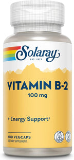 SOLARAY Vitamin B2 Supplement 100 mg for Men & Women - Riboflavin Vitamin B-2 Caps for Cellular Energy Support, Vit B2 100mg, Vegan, Non-GMO - 100 Veg Capsules
