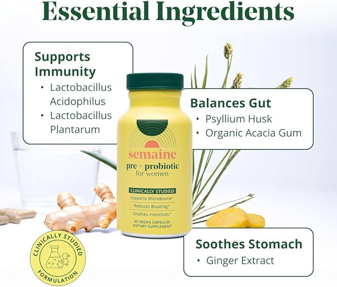 Semaine Super Powered Prebiotic + Probiotic for Women, Effective 3-in-1 Multi-Action Formula to Nourish Gut Health, Soothe IBS, Support Bloat Relief & Immunity Boost, Clinically-Studied (60 ct)