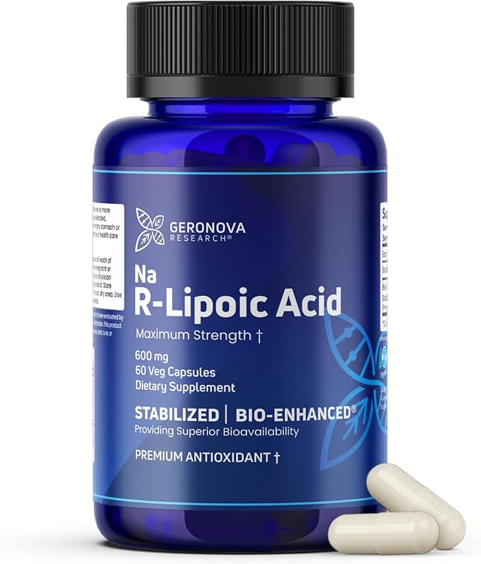 Geronova Research Bio-Enhanced R-Lipoic Acid, 600 mg Dose - 1 Month Supply - Stabilized R Alpha Lipoic Acid with Enhanced Absorption - R Lipoic Acid Supplement - 60 Capsules