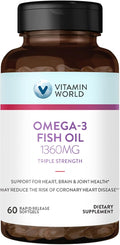 Vitamin World Triple Strength Omega 3 Fish Oil 1360 mg Supplement, 950 mg Active Omega-3 Fatty Acids with EPA & DHA, Supports Heart, Brain & Joint Health, Gluten Free, 60 Softgels, 2 Months Supply