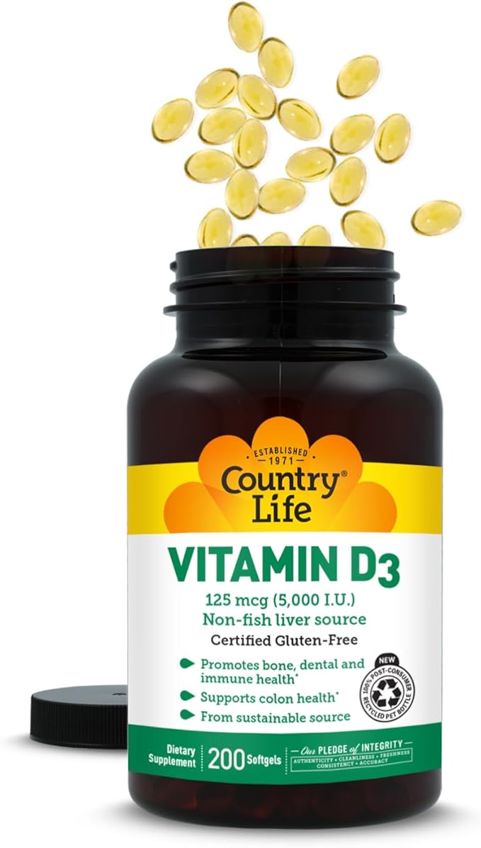 Country Life Vitamin D3 5000 IU for Immune and Bone Health, Calcium Absorption, and Colon Health - Sustainable Source from Lanolin, Available in Various Strengths