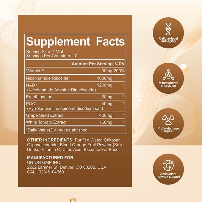 NAD+ 1200mg Liquid Supplement with Nicotinamide Riboside, PQQ & Grape Seed Extract for Cellular Vitality, Energy Metabolism & Antioxidant Support – 10 Liquid Vials