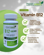 Vitamin B12 1000 mcg Energy, Nerve & Red Blood Cell Support Fast Dissolve Chewable Tablets Non-GMO Made in USA 100 Count
