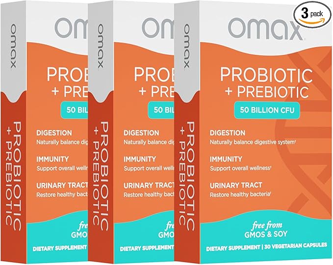 Omax Probiotic & Prebiotic 50 Billion CFU – 10 Strains with Chicory Inulin – Digestive & Gut Health Support, Bloating Relief – Vegan, Non-GMO, Dairy & Gluten-Free – 3 Pack (90 Day Supply)