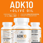 ADK 10 Vitamin Supplement + Olive Oil for Better Absorption - with Vitamins A + D3 (10,000 iu) + K2 (MK7+MK4) - 90 Capsules - Vegetarian - Non-GMO