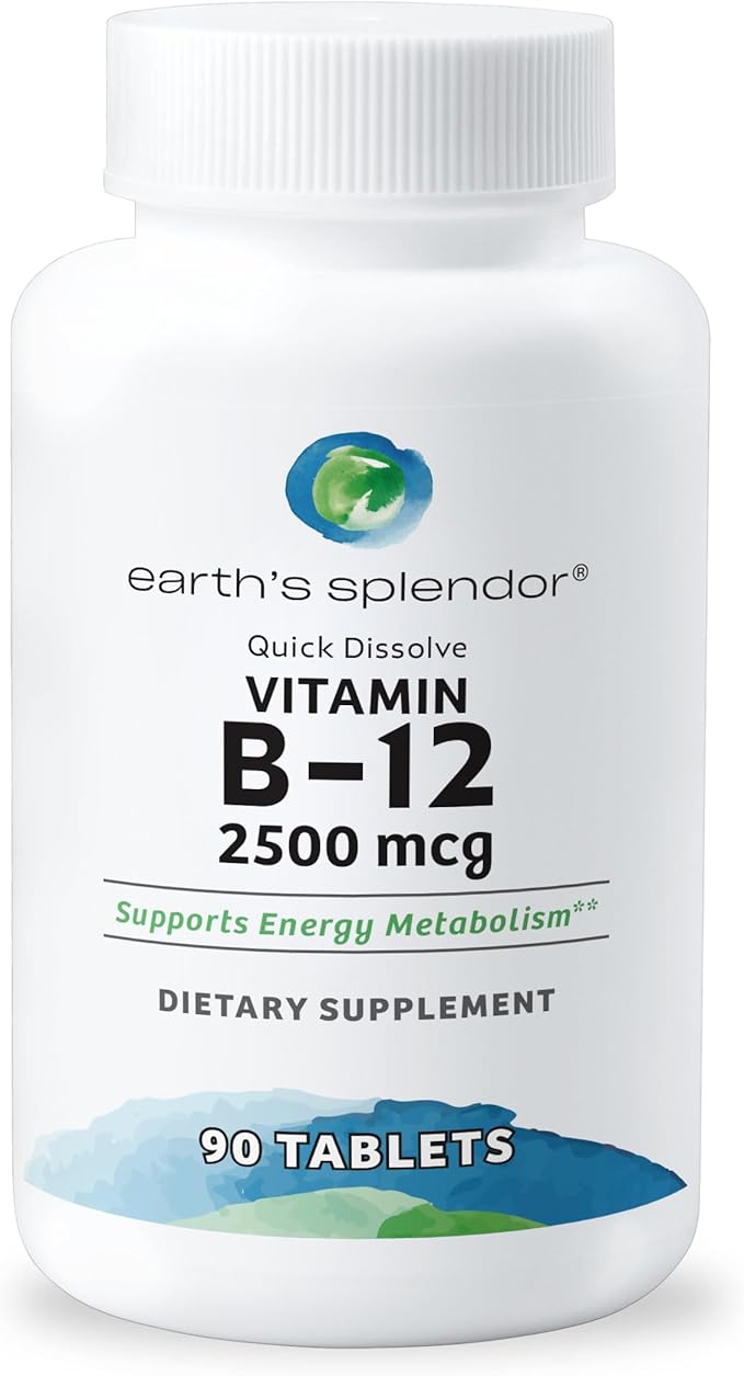 Earth's Splendor Quick Dissolve B12 2,500 mcg for Energy & Immune Support - Non-GMO, Vegan & Gluten-Free - Cherry Flavor- 90 Tablets