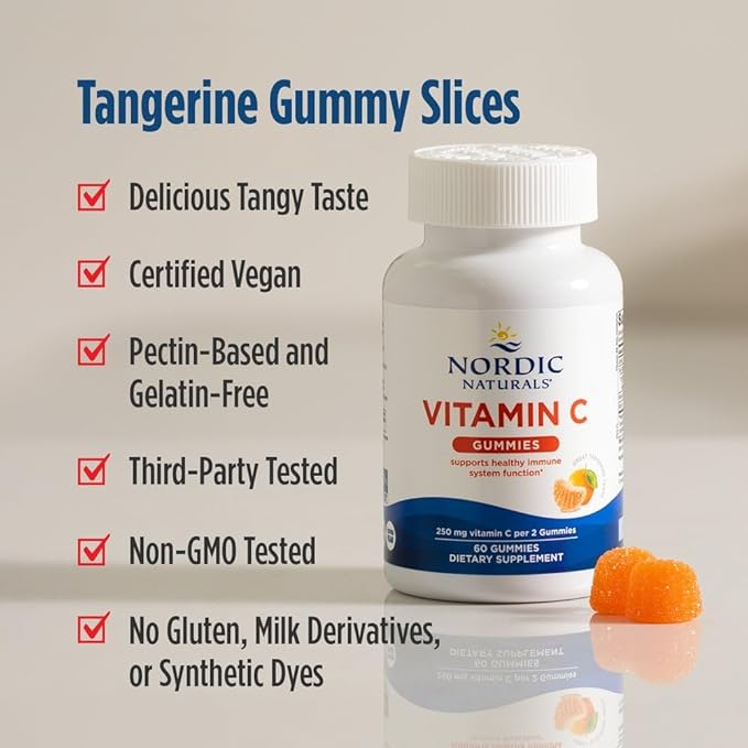 Nordic Naturals Vitamin C Gummies, Tart Tangerine - 60 Gummies - 250 mg Vitamin C - Immune Support, Antioxidant Protection, Child Growth & Development - Non-GMO, Vegan - 30 Servings