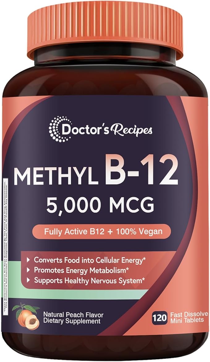 Doctor's Recipes Vitamin B12 Sublingual, Methylcobalamin 5000 mcg 120 Fast Dissolve Tablets, Natural Peach Flavor, Vegan Methyl, Energy Metabolism & Nervous System
