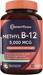 Doctor's Recipes Vitamin B12 Sublingual, Methylcobalamin 5000 mcg 120 Fast Dissolve Tablets, Natural Peach Flavor, Vegan Methyl, Energy Metabolism & Nervous System