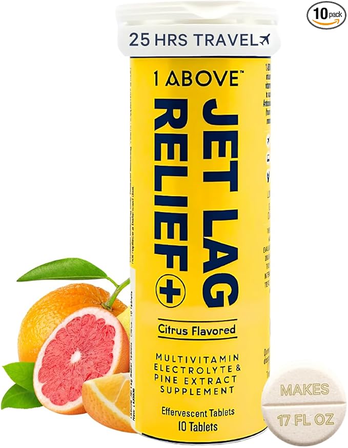 1Above Jet Lag Relief Tablets - Citrus-Flavored Effervescent Multivitamin with Pycnogenol Travel Supplement for Hydration, Energy, Immune Support and Faster Recovery - Flight Essential, 10 Tablets