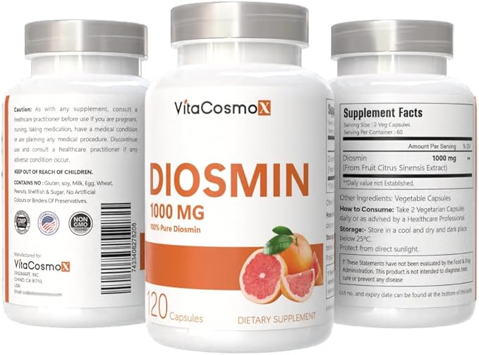 Diosmin Capsules, 120 Count, 1000 mg Serving, Vegan, Citrus Bioflavonoids 100% Vegetarian, Non-GMO & Gluten Free Diosmin Supplement with Max Strength - 2 Packs