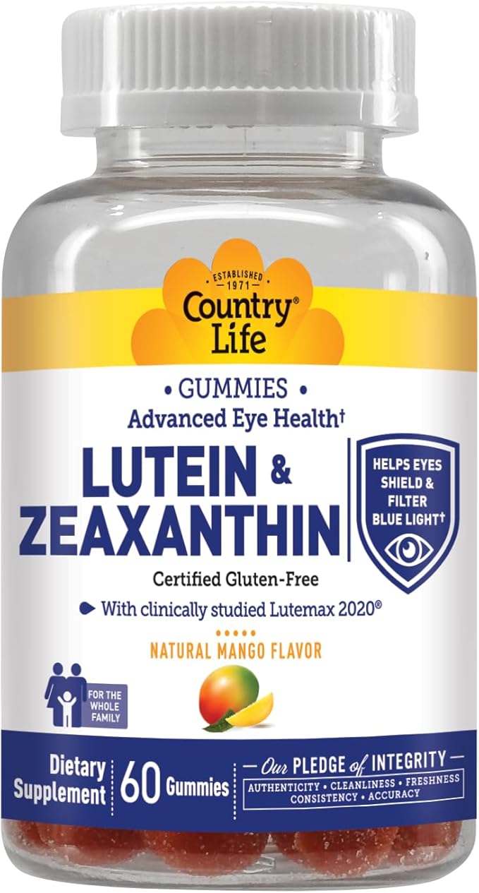 Country Life Lutein Gummies with Lutemax 2020, 60 Ct, Chewable Natural Eye Support Supplement, Marigold Lutein, Zeaxanthin, Eye Health & Macular Support, Non-GMO, Natural Fruit Pectin, Vegan