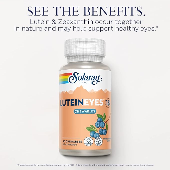 SOLARAY Chewable Lutein Eyes 18 | Eye & Macular Health Support Supplement w/Naturally Occurring Lutein and Zeaxanthin | Non-GMO | 30 Chewables