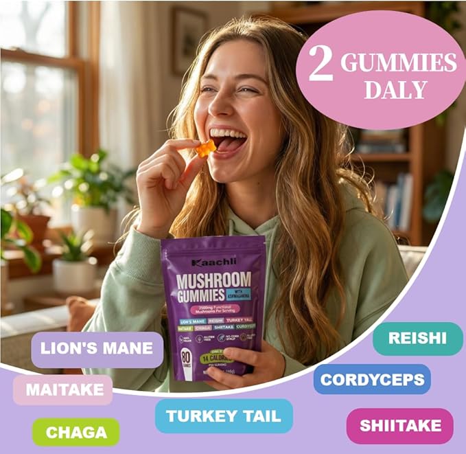 Ashwagandha and Mushroom Gummies 500mg with 8 Mushroom Blend (Reishi,Lion's Mane,Cordyceps) - Mushroom Gummies for Focus and Energy,Cognitive Boost -Mushroom Supplement for Adults,80 Count