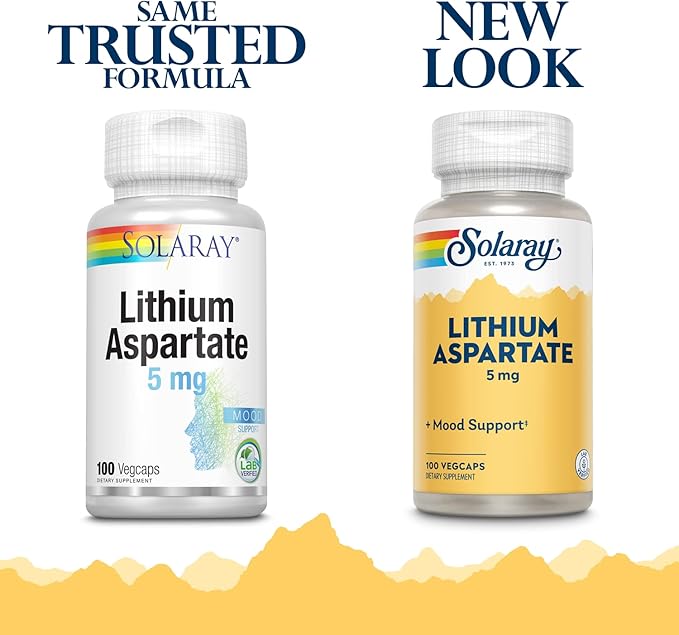 SOLARAY Lithium Aspartate Supplement 5 mg for Men & Women - Daily Trace Mineral Support, Low Dose Lithium Supplement Capsules - 100 Veg Cap Ct