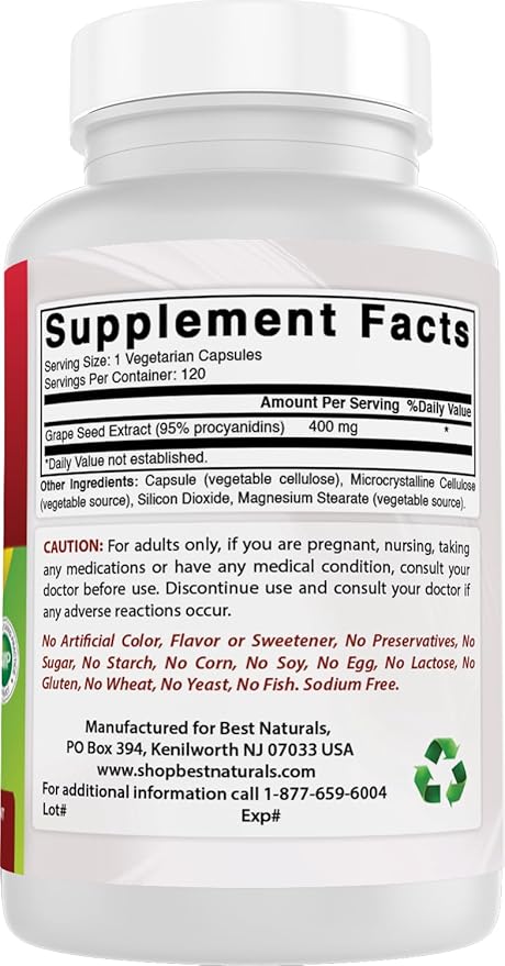 Best Naturals Grape Seed Extract 400 mg Veggie Capsule, 120 Count