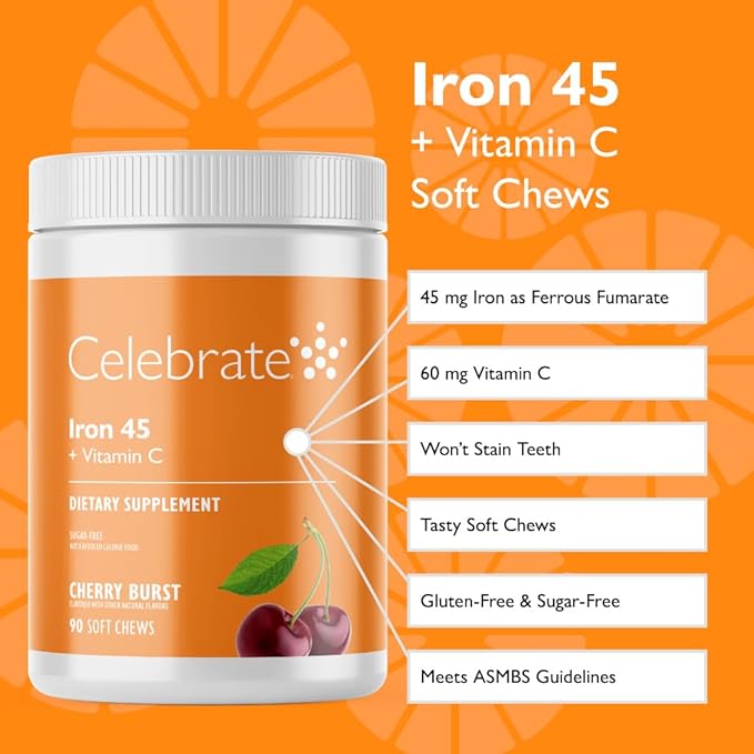 Celebrate Vitamins Iron Supplement with Vitamin C - 45mg Iron, 60mg Vitamin C, Bariatric Vitamins for WLS Patients, Vertical Sleeve & Gastric Bypass Surgery - Cherry, 90 Soft Chews