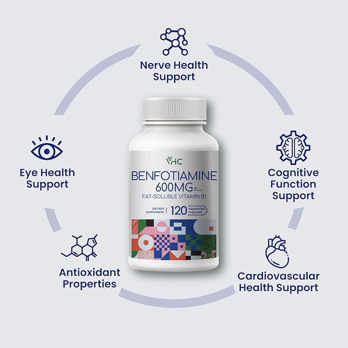VHC Vitamin B1 Benfotiamine 600mg Supplement- 5X Time Fat-Soluble Thiamine Vitamin B1- Max Boost Bioavailable Thiamine B1 Levels Veggie Capsules,Non-GMO, Soy Free- Made in USA (120 Counts)