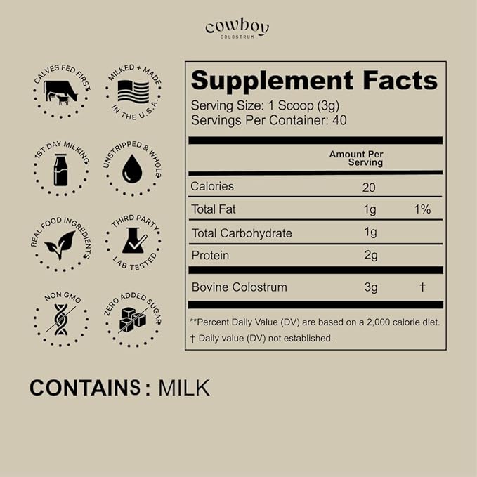 Cowboy - The Exclusive 1st Milking, Whole, Grass Fed Colostrum Supplement for Full Body Health - Bovine Colostrum Powder Packed w/Bioactive Nutrients - Sugar Free (Unflavored, 40 Servings)