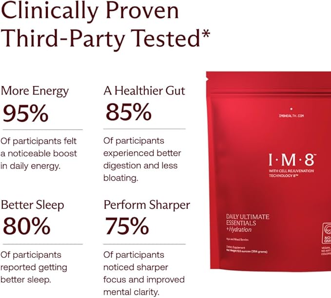 IM8 Daily Ultimate Essentials All-in-One Multivitamin Supplement Powder Bag, 92 Nutrient Rich Ingredients CoQ10, Probiotics, Vitamins, Greens, Gluten Free, Vegan, Acai Mixed Berry, 12.5oz, 30 Servings