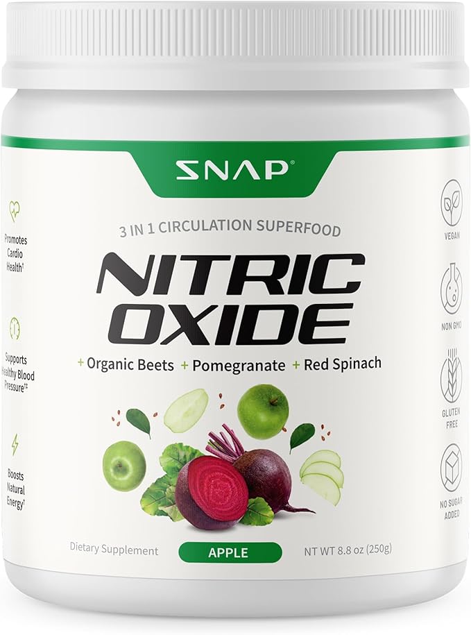 Snap Supplements Organic Beet Root Powder Nitric Oxide Supplement for Men & Women, Red Spinach & Pomegranate, Supports Healthy Energy & Blood Pressure Already in Normal Range, 30 Servings, Apple