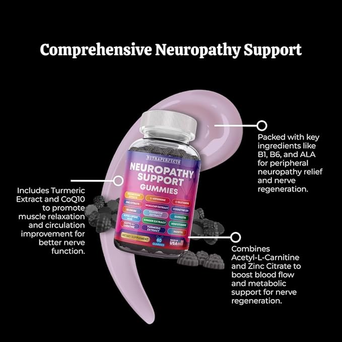 Sugar Free Neuropathy Support Gummies for Nerve – Enhanced Nerve Health, Regeneration, Cognitive Support with Vitamin B1, B6, B12, Magnesium, ALA, Turmeric, CoQ10 & More
