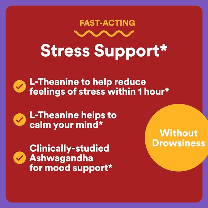 SmartyPants Adult Stress Support Gummies: Fast-Acting Calm & Mood Support with L-Theanine 200mg & Ashwagandha (Sensoril), Non-Drowsy, Mixed Berry Flavor, 60 Count (30 Day Supply)