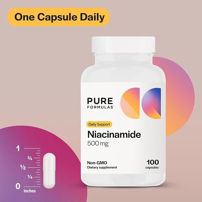 PureFormulas Niacinamide 500 mg - 100 Capsules, High Potency Vitamin B3 Supplement Flush Free, Supports Skin Health, Energy Production & Cellular Function, Non Flushing Form of Niacin