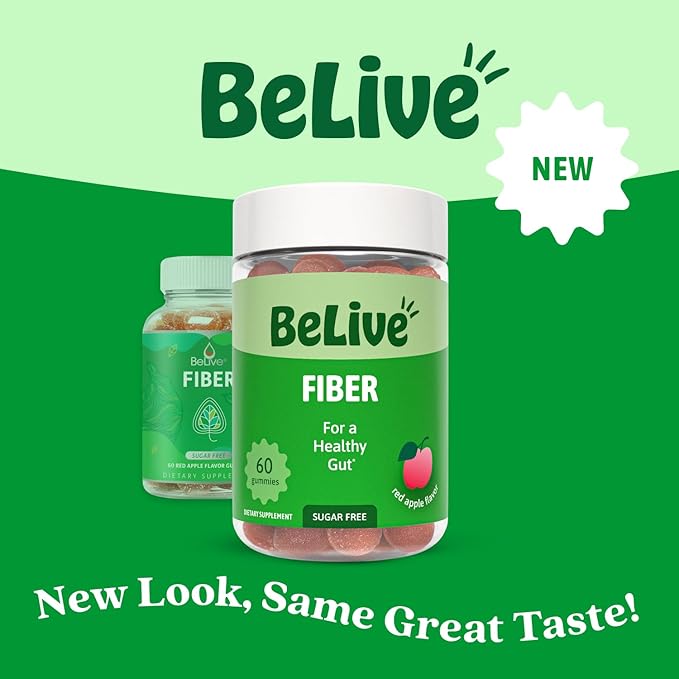 BeLive Fiber Gummies - Sugar Free Prebiotic Digestive Health and Regularity Supplement - Chicory Root & Inulin - for Adults and Kids - Apple Flavor - 60 Count