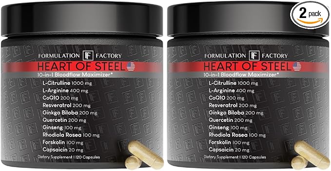 Formulation Factory Heart of Steel: 10-in-1 Metabolic Maximizer Nitric Oxide Supplement, Blood Pressure Support, L Arginine, L Citrulline Natural Pre-Workout: Energy Management 240 Count (2 Pack)