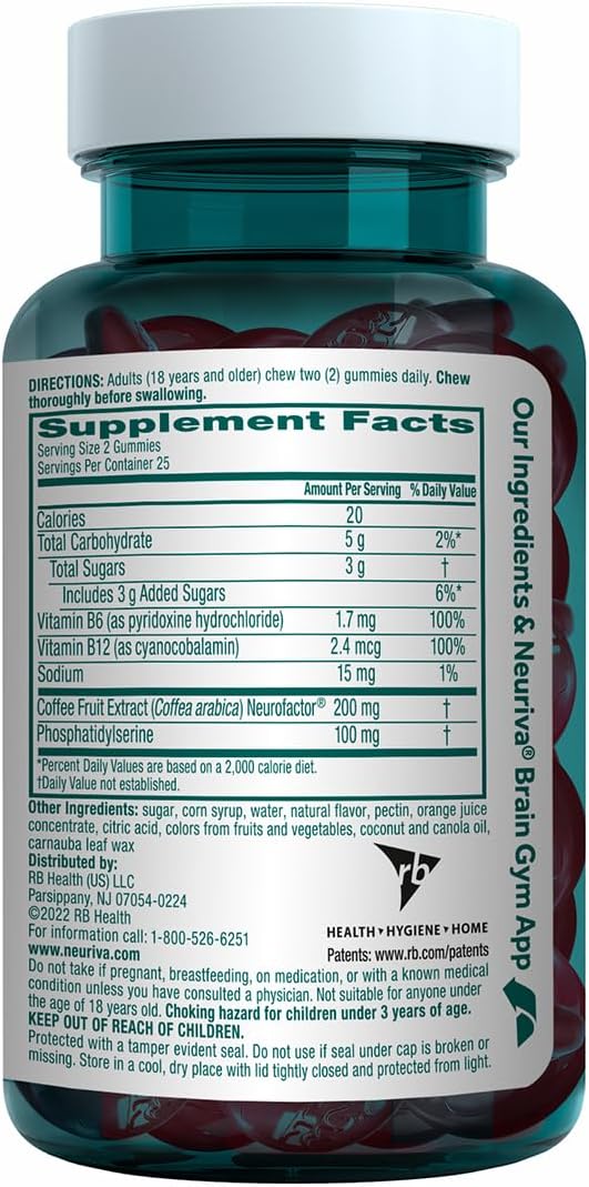 NEURIVA Plus Brain Supplement for Memory, Focus & Concentration + Cognitive Function with Nootropics Phosphatidylserine and Neurofactor, VIT B6 & B12, Strawberry Flavor, 50 Gummies (3 Pack)