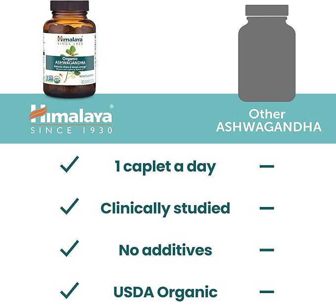 Himalaya Organic Ashwagandha Root, 2 Month Supply - Herbal Adrenal Support Supplements for Stress Relief and Energy Support - USDA Organic, Non-GMO, Vegan, Gluten Free, 670 mg, 60 Caplets