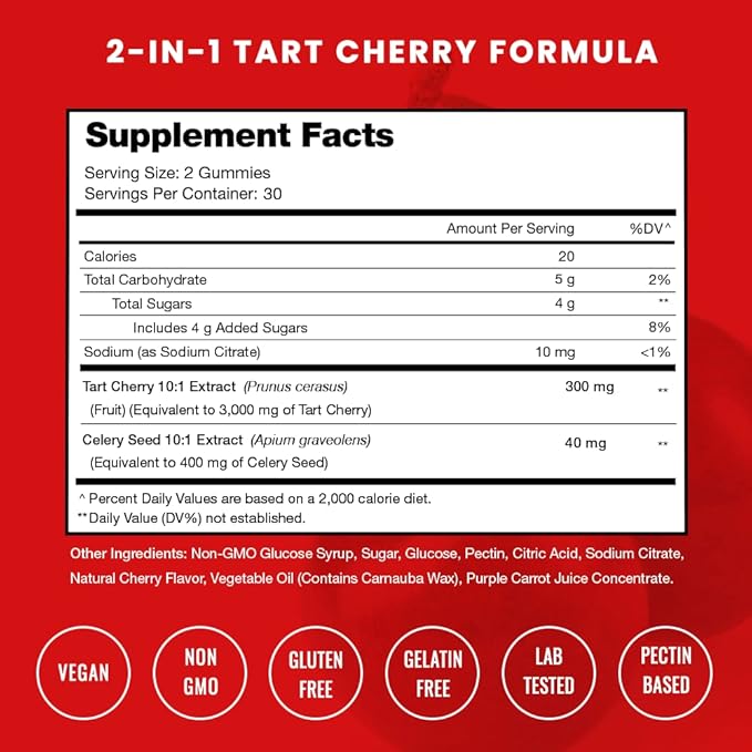 NutraChamps Tart Cherry Gummies - Tart Cherry Extract with Celery Seed - 60 Vegan Gummies (2-Pack)