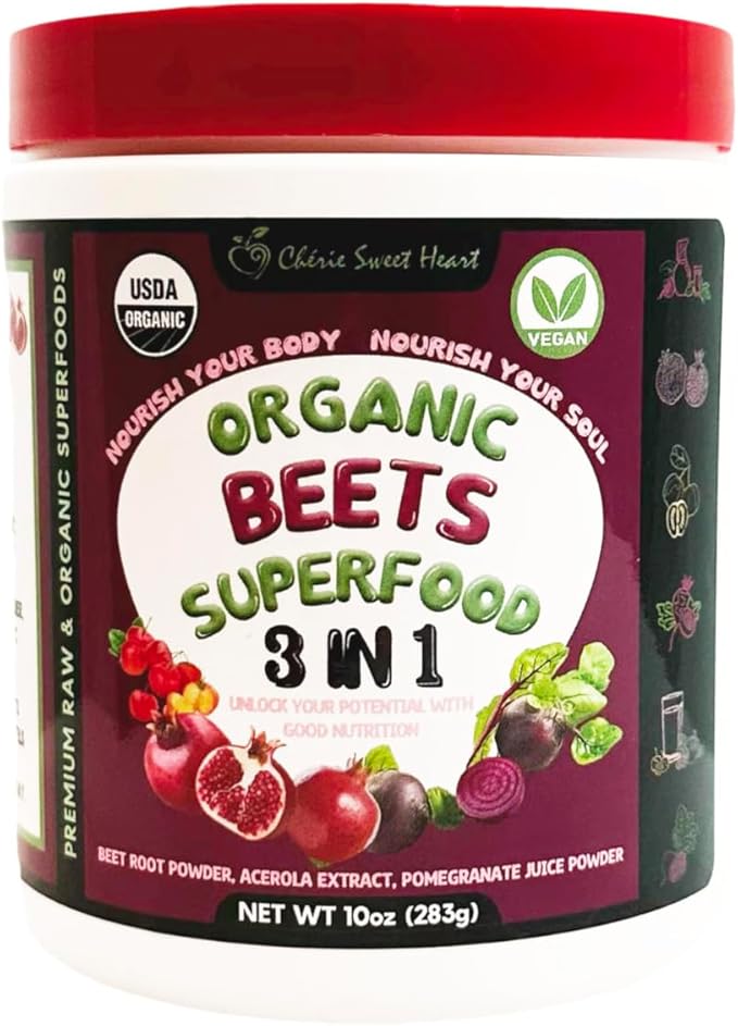 Cherie Sweet Heart USDA Organic Beets Superfood Powder, 3-in-1 Nitric Oxide, Support Healthy Blood Pressure and Blood Circulation, 283g (10 oz, Beets Superfood)