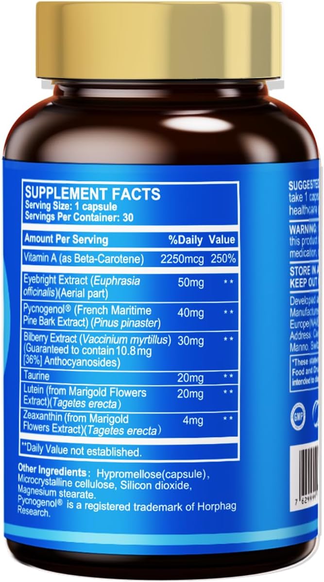 HUJ Eye Health - Eye Supplement for Adults with Pycnogenol®(French Maritime Pine Bark Extract)，Bilberry Extract，Lutein - Supports Vision, Eye Function, and Blue Light Protection* - 30 Capsules