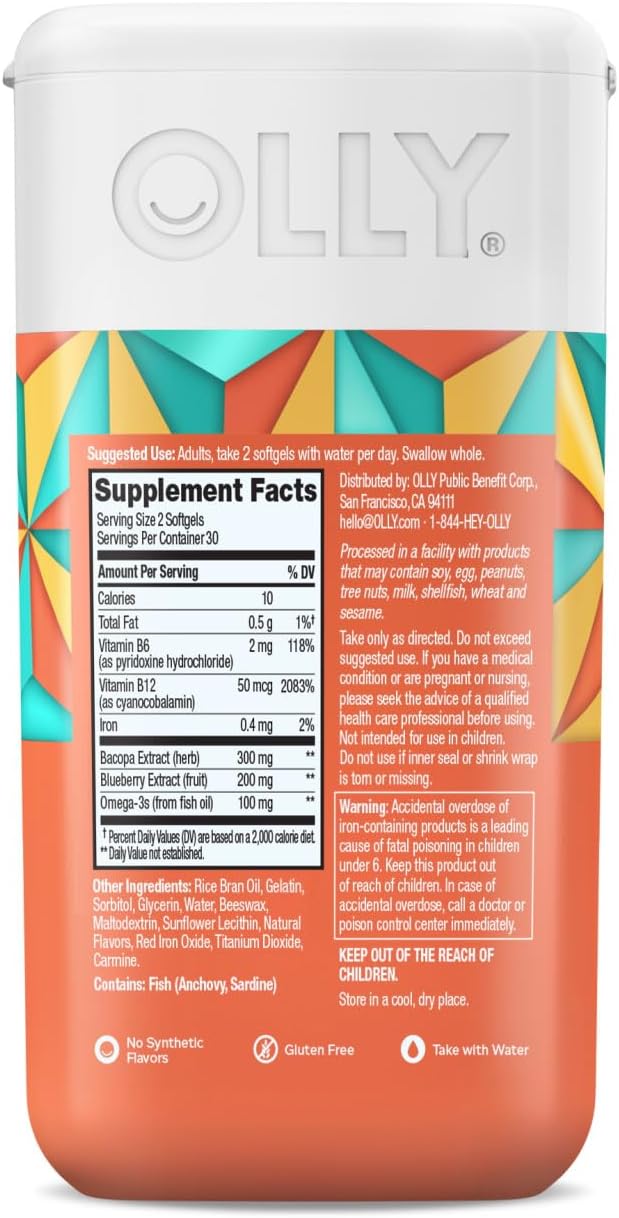 OLLY Ultra Strength Brain Softgels, Nootropic, Supports Healthy Brain Function, Memory, Focus and Concentration, Omega-3s, Vitamins B6 and B12, 30 Day Supply - 60 Count (Pack of 2)