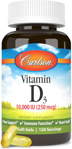 Carlson - Vitamin D3, 10000 IU (250 mcg), Vitamin D Supplements, Bone & Immune Support, Vitamin D3 Softgels, Heart Health, Gluten Free Vitamin D Capsules, 120 Softgels