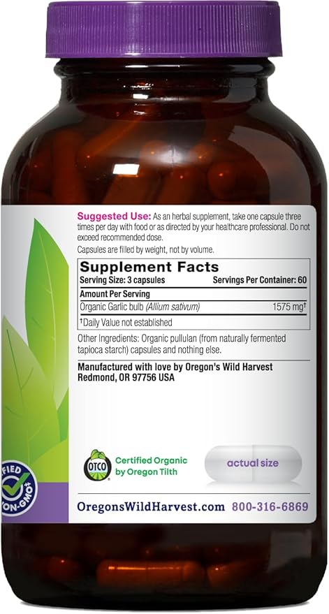 Oregon's Wild Harvest Garlic Herbal Supplement Capsules - USDA Organic - Verified Non-GMO - 180 Vegan Caps