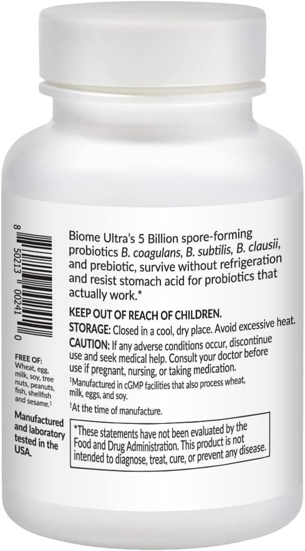 Biome Ultra Spore Probiotic + Prebiotic FOS (ProbioSEB CSC3) – 5 Billion CFU Per Capsule – Bacillus Coagulans, Subtilis & Clausii – Shelf-Stable Daily Probiotic for Gut & Microbiome Support – 30 Caps