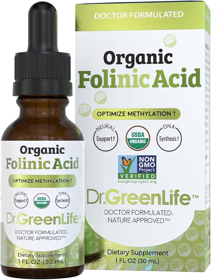 Dr. Green Mom USDA Organic Folinic Acid Drops - 500 mcg per Drop | Methylation Support B9 Supplements for Kids & Adults | Supports Neurological Function, Nervous System Health & DNA Synthesis