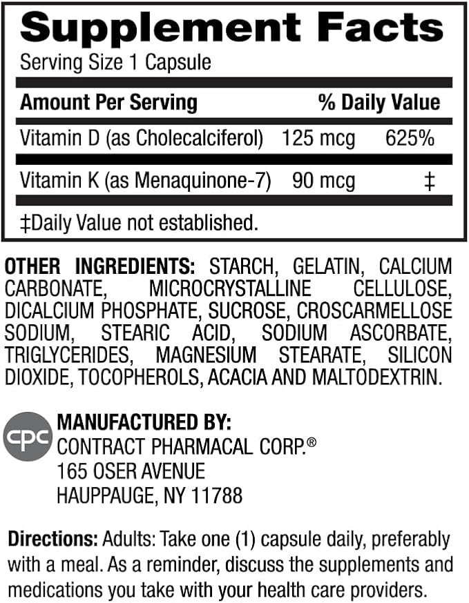 Earth's Splendor Vitamin D + K, 120 Capsules, Contains D 120mcg of Vitamin D3 and 90mcg Vitamin K2, 4 Month Supply